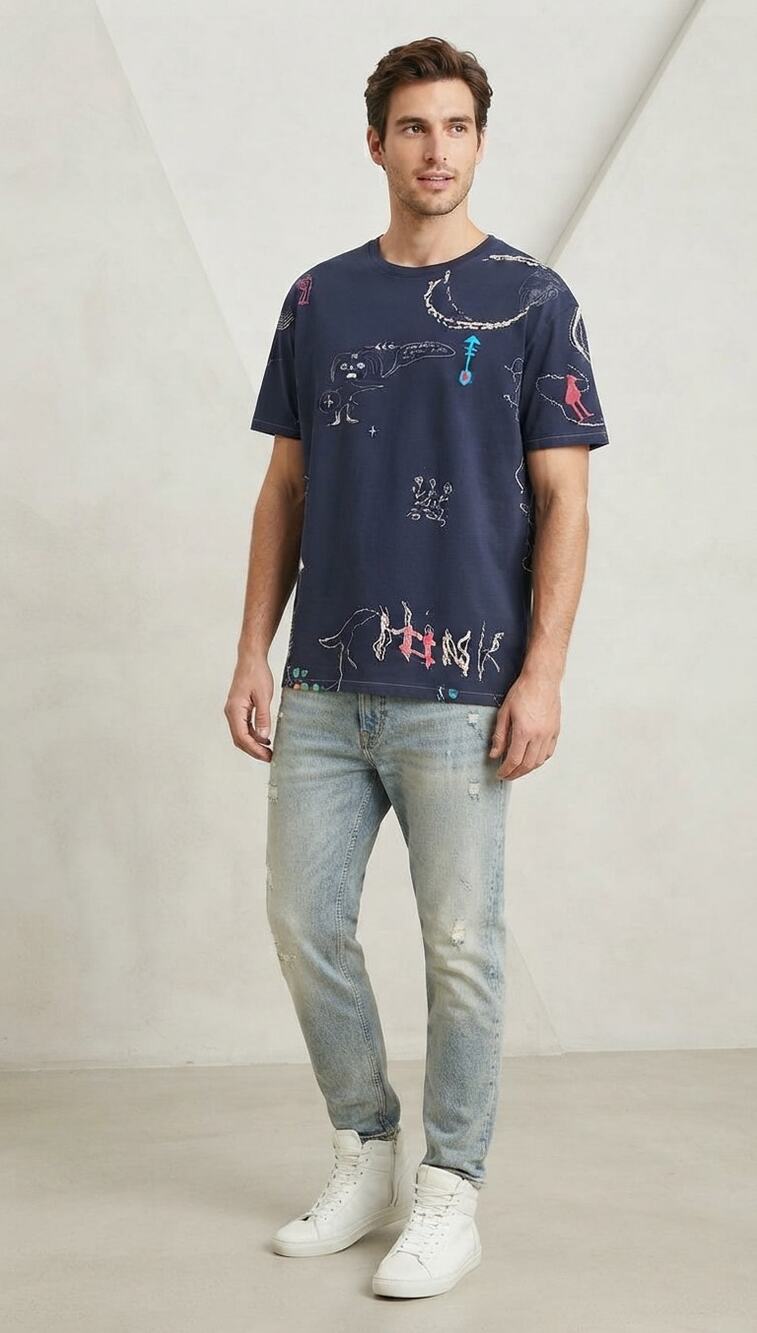 Desigual Doodle Sketch Graphic Tee Shirt XXL Embroidered Arrow Unisex Casual